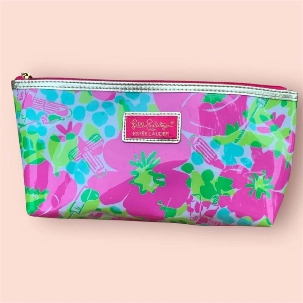 Lilly Pulitzer Estee Lauder Island Breeze Pink PVC Cosmetic Makeup Bag Zipper